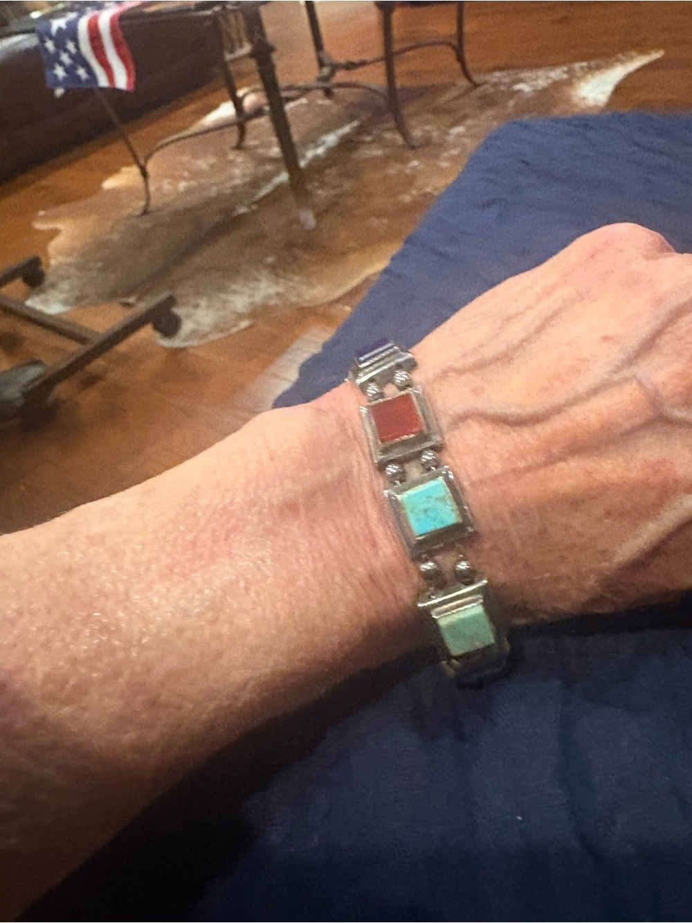 Source Unknown Turquoise and Coral Inlay Sterling-Style Link Bracelet
